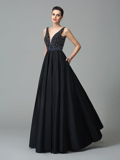 A-Line/Princess Straps Beading Sleeveless Long Taffeta Dresses