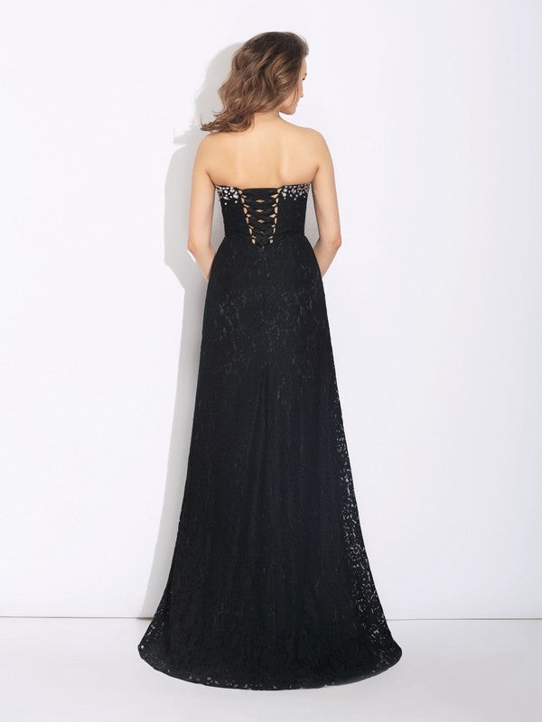 Sheath/Column Sweetheart Rhinestone Sleeveless Long Lace Dresses