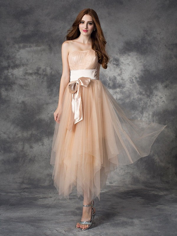 A-line/Princess Strapless Bowknot Sleeveless Long Elastic Woven Satin Dresses