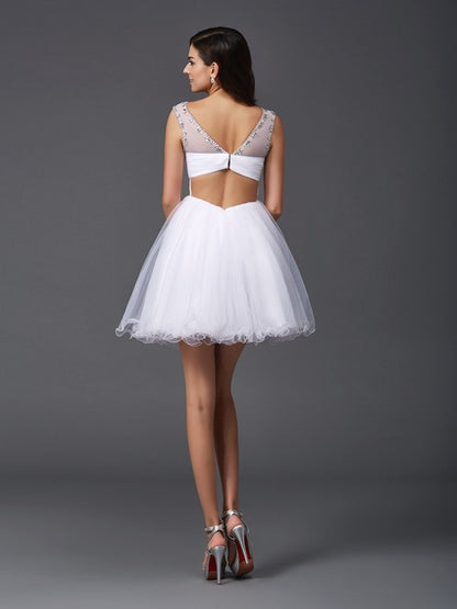 A-Line/Princess Scoop Beading Sleeveless Short Net Dresses