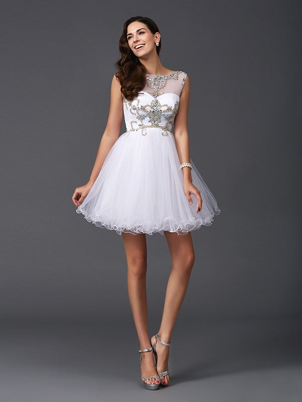 A-Line/Princess Scoop Beading Sleeveless Short Net Dresses