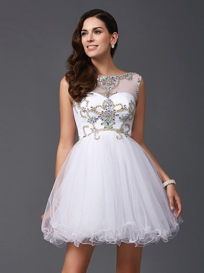 A-Line/Princess Scoop Beading Sleeveless Short Net Dresses