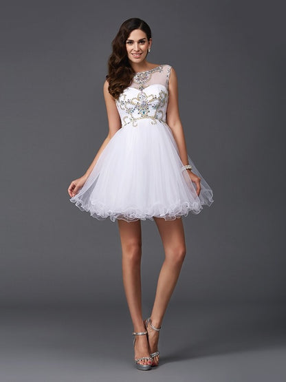 A-Line/Princess Scoop Beading Sleeveless Short Net Dresses