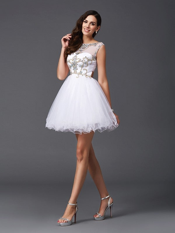 A-Line/Princess Scoop Beading Sleeveless Short Net Dresses