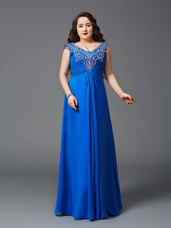 A-Line/Princess Straps Beading Short Sleeves Long Chiffon Plus Size Dresses