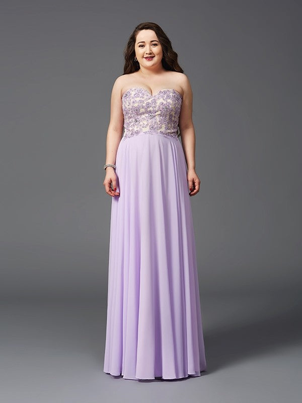 A-Line/Princess Sweetheart Lace Sleeveless Long Chiffon Plus Size Dresses