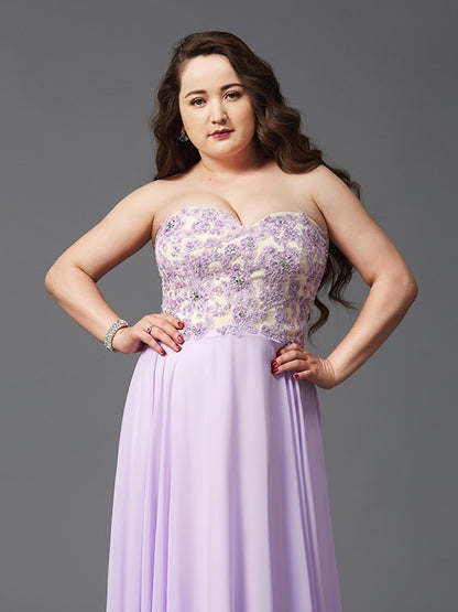 A-Line/Princess Sweetheart Lace Sleeveless Long Chiffon Plus Size Dresses