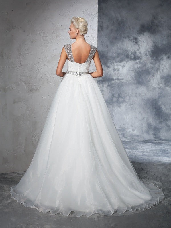 Ball Gown Straps Ruched Sleeveless Long Net Wedding Dresses