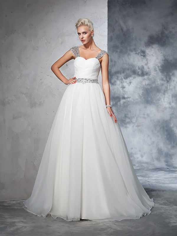 Ball Gown Straps Ruched Sleeveless Long Net Wedding Dresses