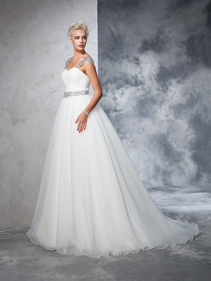 Ball Gown Straps Ruched Sleeveless Long Net Wedding Dresses