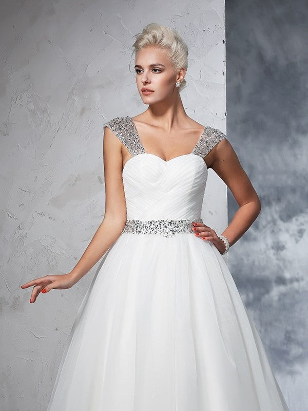 Ball Gown Straps Ruched Sleeveless Long Net Wedding Dresses