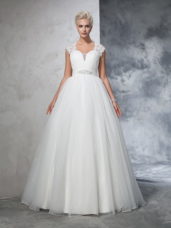 Ball Gown Sweetheart Ruched Sleeveless Long Tulle Wedding Dresses