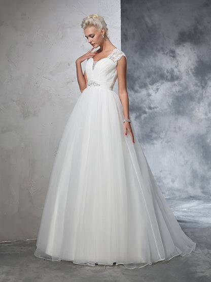 Ball Gown Sweetheart Ruched Sleeveless Long Tulle Wedding Dresses