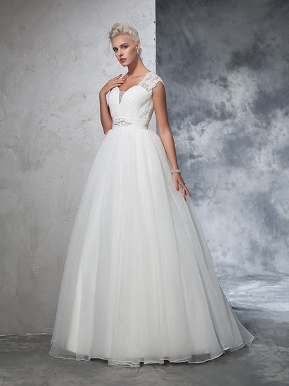 Ball Gown Sweetheart Ruched Sleeveless Long Tulle Wedding Dresses