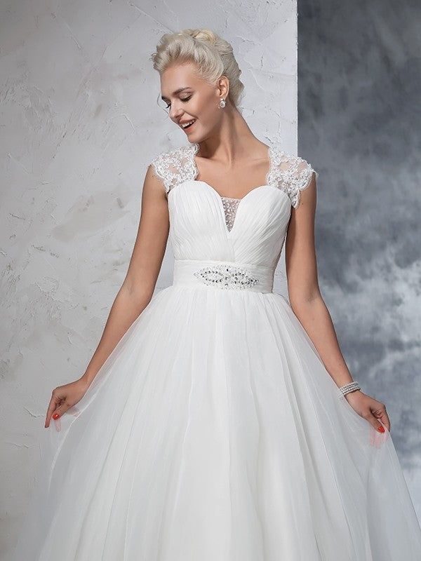 Ball Gown Sweetheart Ruched Sleeveless Long Tulle Wedding Dresses