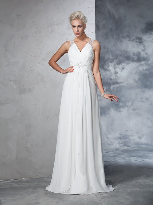 A-Line/Princess V-neck Ruched Sleeveless Long Chiffon Wedding Dresses