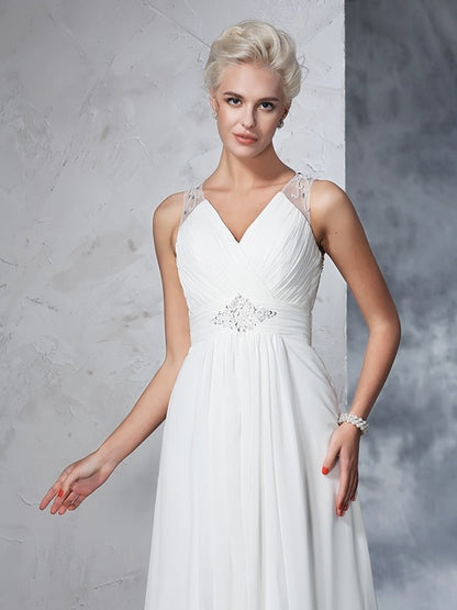 A-Line/Princess V-neck Ruched Sleeveless Long Chiffon Wedding Dresses