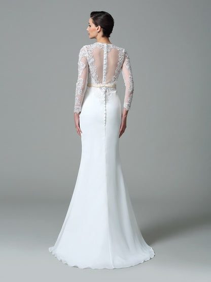 Trumpet/Mermaid Jewel Lace Long Sleeves Long Chiffon Wedding Dresses