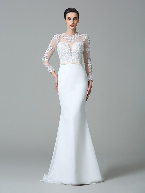 Trumpet/Mermaid Jewel Lace Long Sleeves Long Chiffon Wedding Dresses