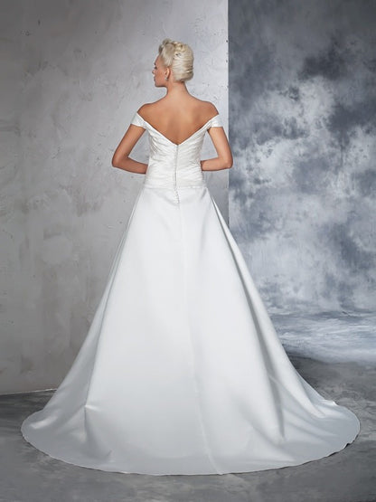 Ball Gown Off-the-Shoulder Ruched Sleeveless Long Satin Wedding Dresses