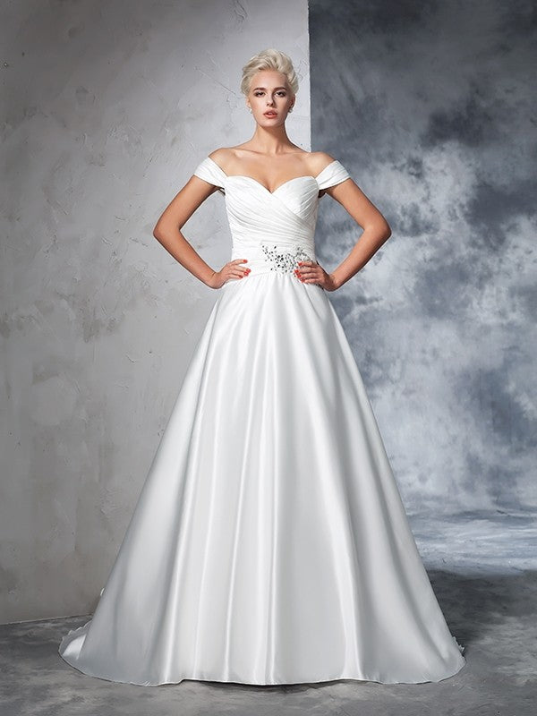 Ball Gown Off-the-Shoulder Ruched Sleeveless Long Satin Wedding Dresses