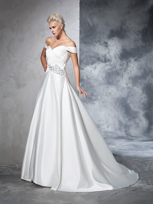 Ball Gown Off-the-Shoulder Ruched Sleeveless Long Satin Wedding Dresses