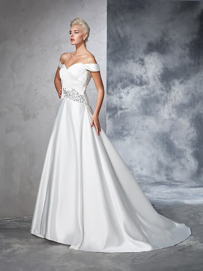 Ball Gown Off-the-Shoulder Ruched Sleeveless Long Satin Wedding Dresses