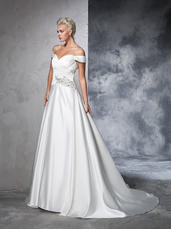 Ball Gown Off-the-Shoulder Ruched Sleeveless Long Satin Wedding Dresses