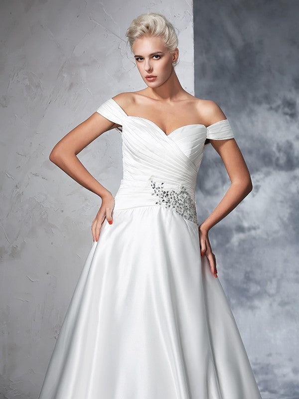 Ball Gown Off-the-Shoulder Ruched Sleeveless Long Satin Wedding Dresses