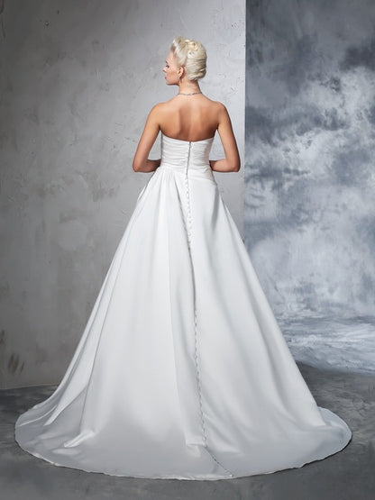 Ball Gown Strapless Ruched Sleeveless Long Satin Wedding Dresses