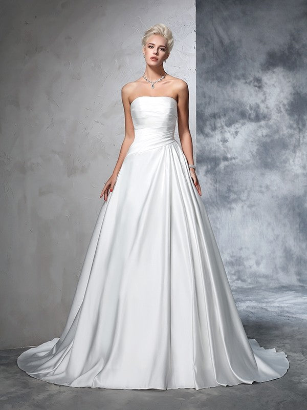 Ball Gown Strapless Ruched Sleeveless Long Satin Wedding Dresses