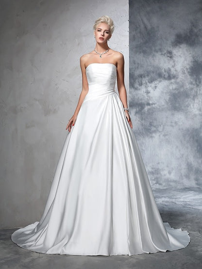 Ball Gown Strapless Ruched Sleeveless Long Satin Wedding Dresses