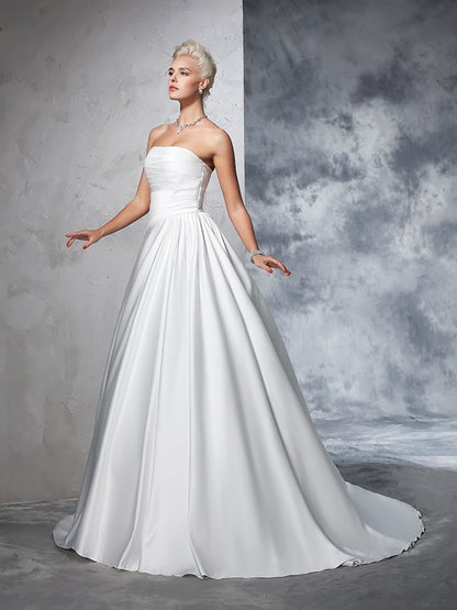 Ball Gown Strapless Ruched Sleeveless Long Satin Wedding Dresses