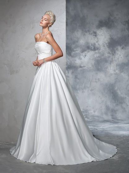 Ball Gown Strapless Ruched Sleeveless Long Satin Wedding Dresses