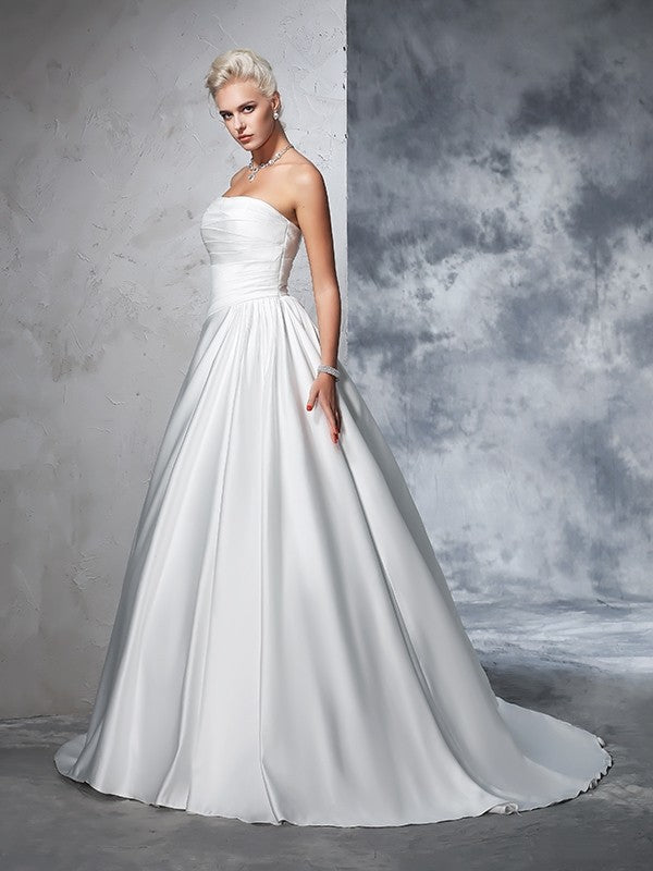 Ball Gown Strapless Ruched Sleeveless Long Satin Wedding Dresses