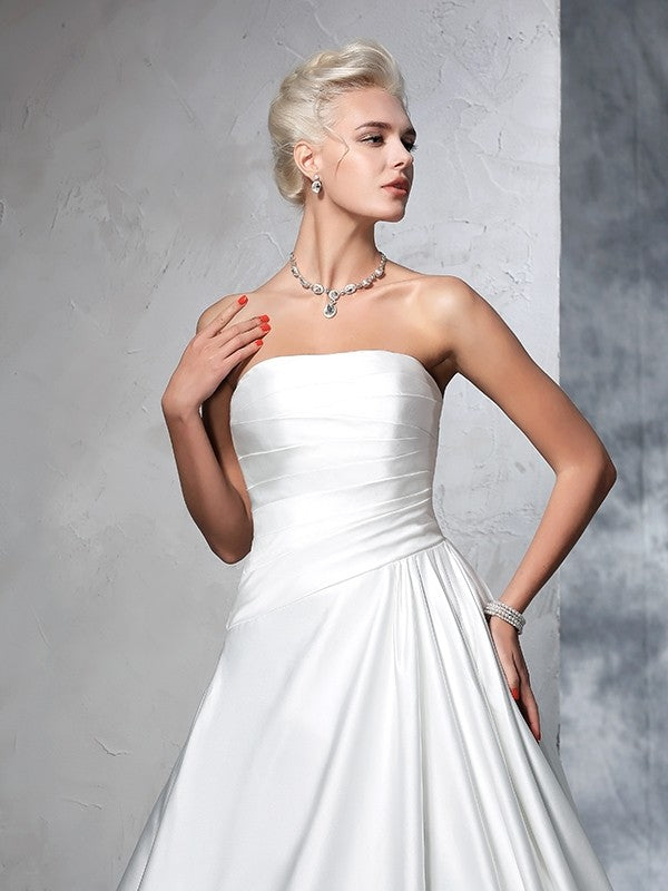 Ball Gown Strapless Ruched Sleeveless Long Satin Wedding Dresses