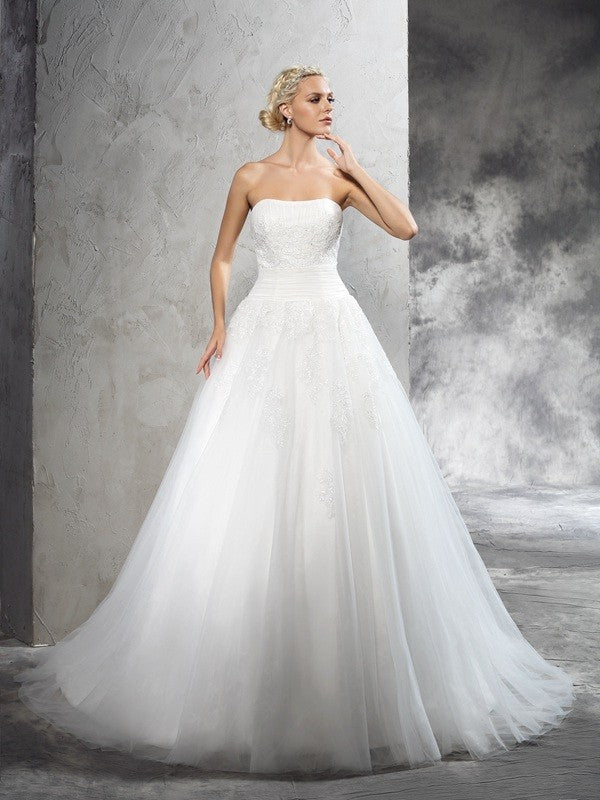 Ball Gown Strapless Applique Sleeveless Long Satin Wedding Dresses