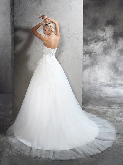 Ball Gown Strapless Applique Sleeveless Long Satin Wedding Dresses