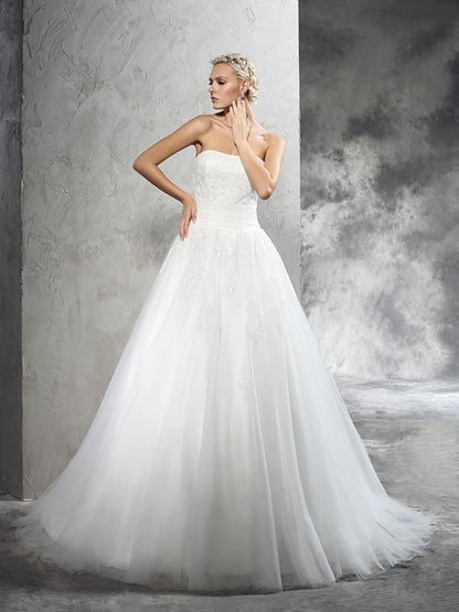 Ball Gown Strapless Applique Sleeveless Long Satin Wedding Dresses