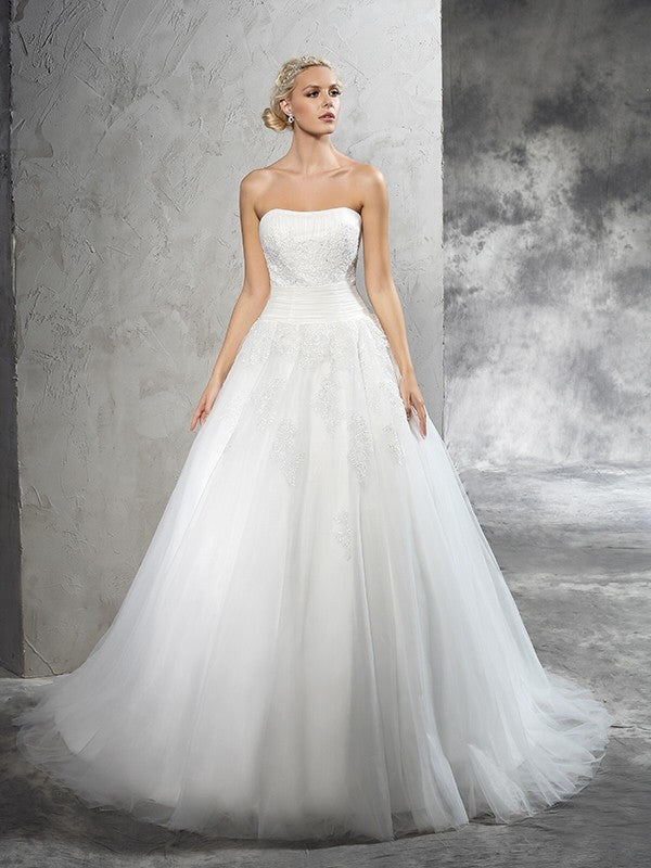 Ball Gown Strapless Applique Sleeveless Long Satin Wedding Dresses