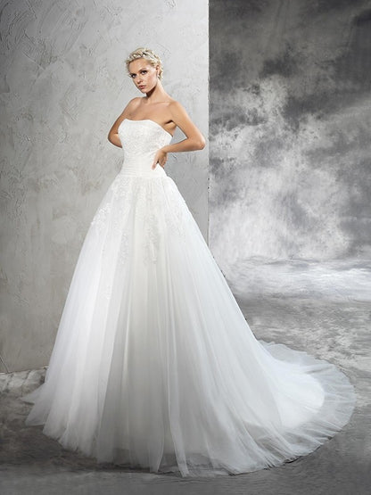 Ball Gown Strapless Applique Sleeveless Long Satin Wedding Dresses