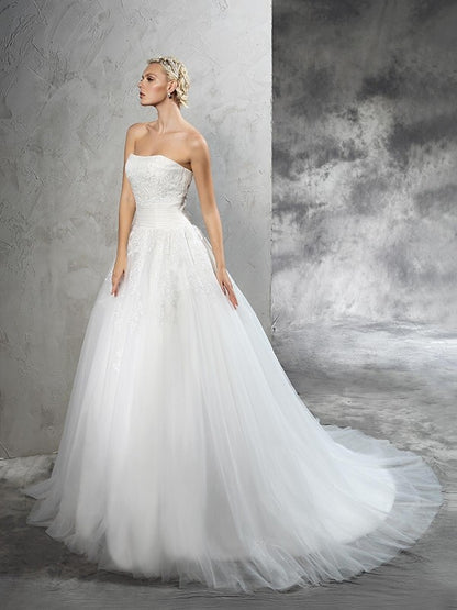 Ball Gown Strapless Applique Sleeveless Long Satin Wedding Dresses