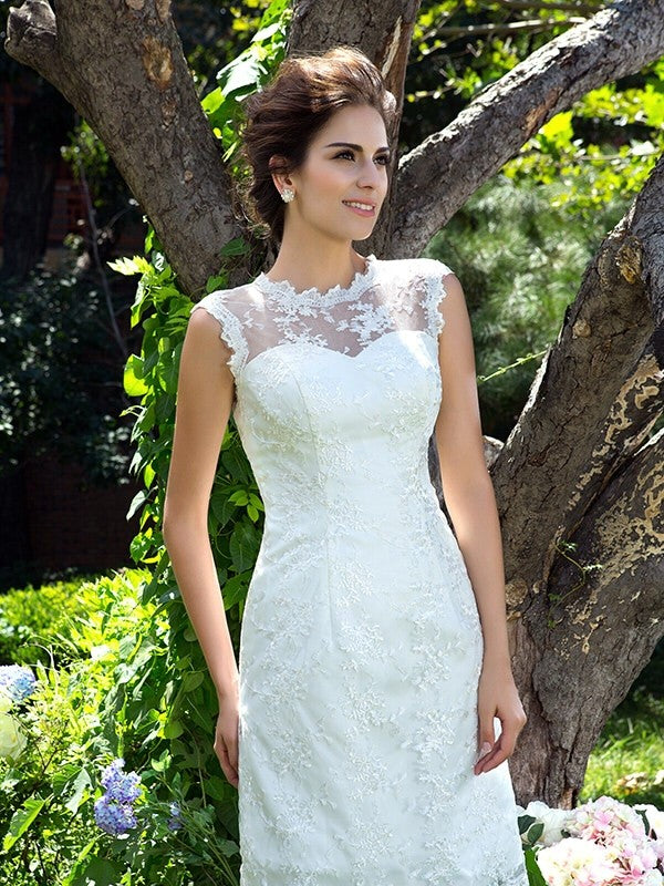 A-Line/Princess Sheer Neck Applique Sleeveless Short Satin Wedding Dresses