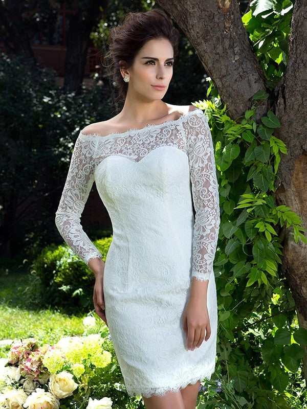 Sheath/Column Scoop Long Sleeves Short Lace Wedding Dresses