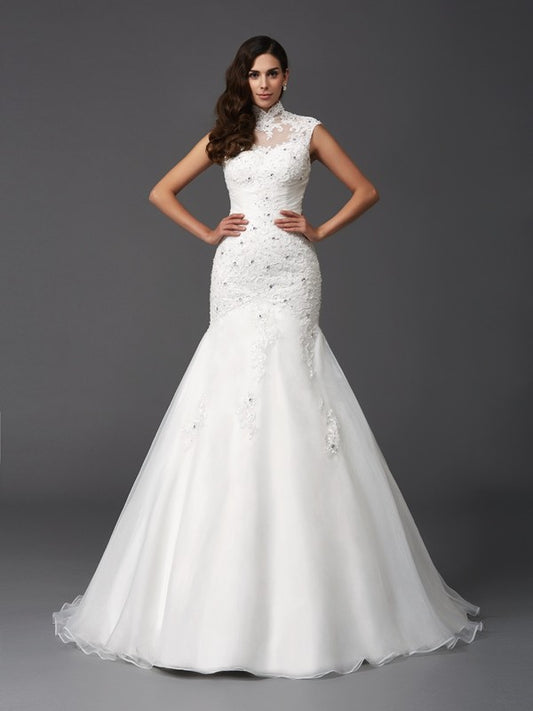 Trumpet/Mermaid High Neck Beading Sleeveless Long Organza Wedding Dresses