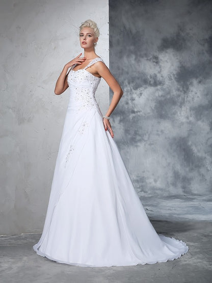 Ball Gown Straps Applique Sleeveless Long Chiffon Wedding Dresses