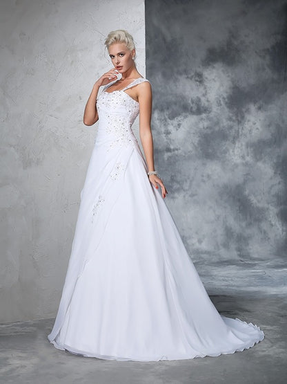 Ball Gown Straps Applique Sleeveless Long Chiffon Wedding Dresses