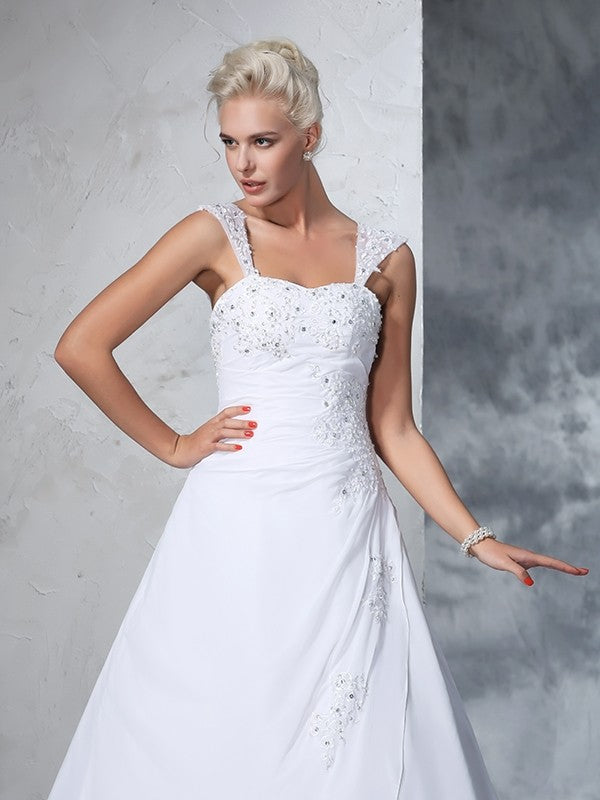 Ball Gown Straps Applique Sleeveless Long Chiffon Wedding Dresses