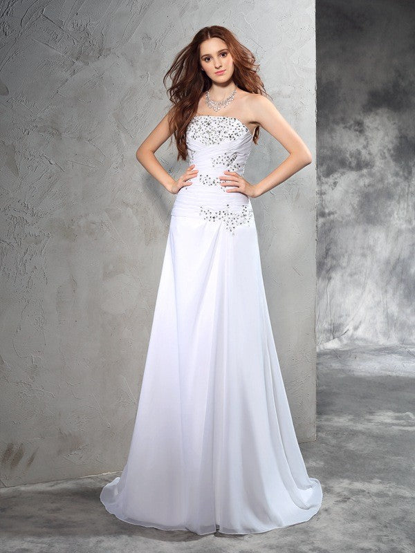 Sheath/Column Strapless Beading Sleeveless Long Chiffon Wedding Dresses