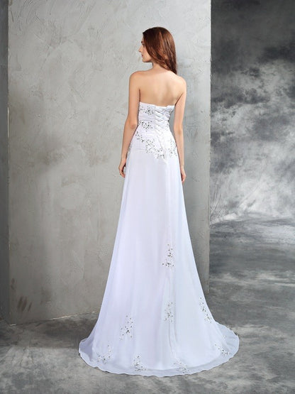 Sheath/Column Strapless Beading Sleeveless Long Chiffon Wedding Dresses